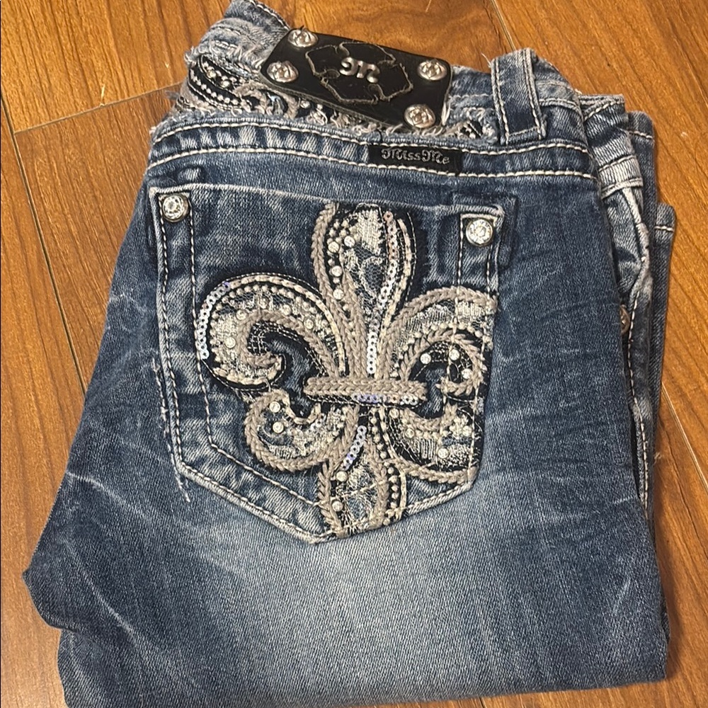 Blue Boot Cut Jeans with Rhinestone Fleur-de-Lis